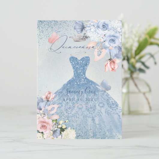 PixDezines Dusty Blue Rozen Quinceanera Kaart (Staand voorkant)
