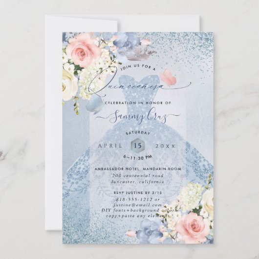 PixDezines Dusty Blue Rozen Quinceanera Kaart (Achterkant)