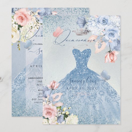 PixDezines Dusty Blue Rozen Quinceanera Kaart (Voorkant / Achterkant)