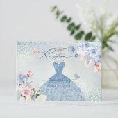 PixDezines Dusty Blue Rozen Quinceanera Receptie Kaart (Staand voorkant)