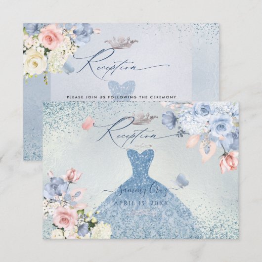 PixDezines Dusty Blue Rozen Quinceanera Receptie Kaart (Voorkant / Achterkant)