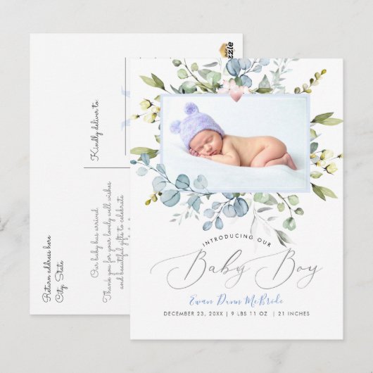 PixDezines Dusty Blue Waterverf flowers Boy Briefkaart (Voorkant / Achterkant)