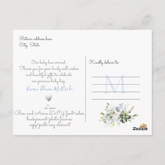 PixDezines Dusty Blue Waterverf flowers Boy Briefkaart (Achterkant)