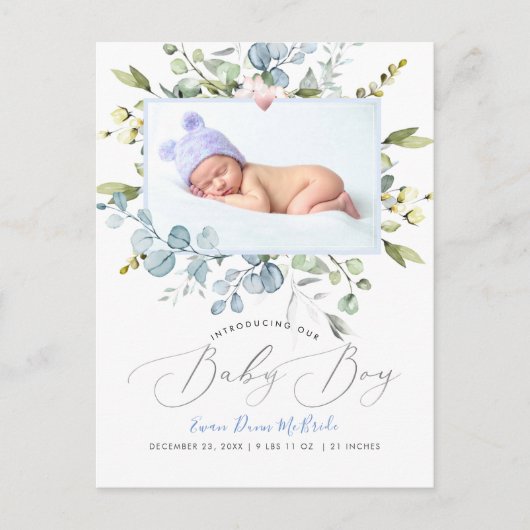 PixDezines Dusty Blue Waterverf flowers Boy Briefkaart (Voorkant)