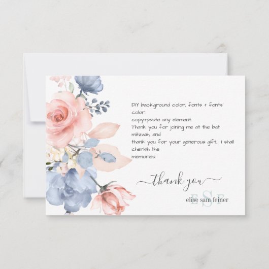 PixDezines Dusty Navy Blue Blush Rozen Dank je Bedankkaart (Achterkant)