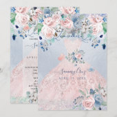 PixDezines Dusty Pink Blue Peonies Quinceanera Inv Kaart (Voorkant / Achterkant)