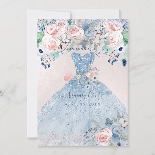 PixDezines Dusty Pink Blue Peonies Quinceanera Kaart (Voorkant)