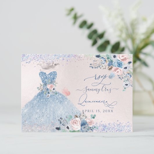 PixDezines Dusty Pink Blue Peonies RSVP Kaart (Staand voorkant)