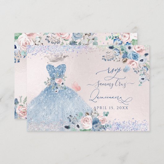 PixDezines Dusty Pink Blue Peonies RSVP Kaart (Voorkant / Achterkant)