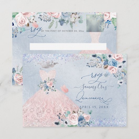 PixDezines Dusty Pink Blue Peonies RSVP Uitnodigin Kaart (Voorkant / Achterkant)