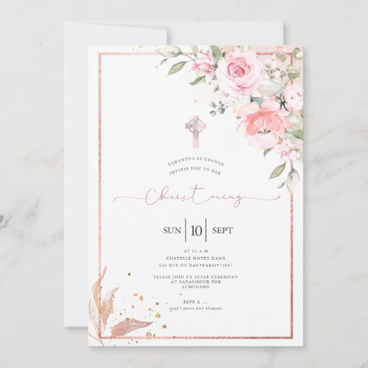 PixDezines Dusty Pink Roses Christening Kaart (Voorkant)