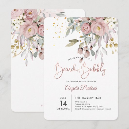 PixDezines Dusty Rozen Eucalyptus Brunch+Bubble Kaart (Voorkant / Achterkant)