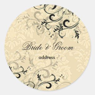 PixDezines EBONY SWIRLS/IVORY BAROQUE DAMASK Ronde Sticker