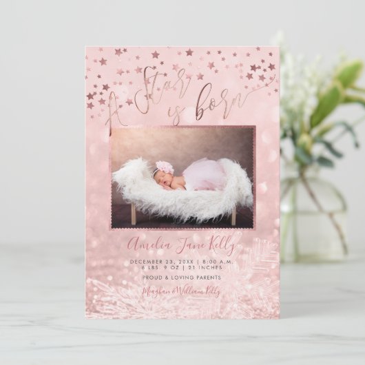 PixDezines Een ster is geboren, Stars+Snow Bokeh Kaart (Staand voorkant)