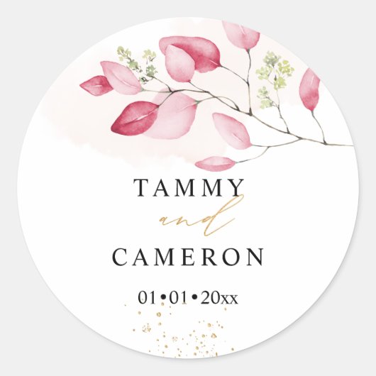PixDezines Eenvoudige Waterverf Roze Gom Eucalyptu Ronde Sticker (Voorkant)
