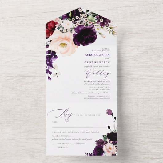 PixDezines Eggplant Blush Navy H2 Flowers All In One Uitnodiging (Binnen)