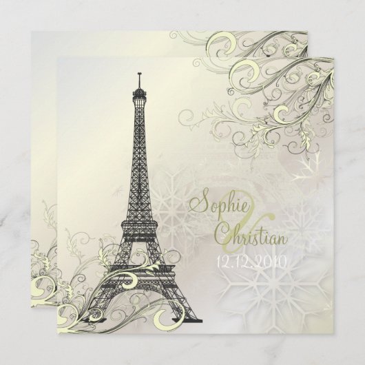 PixDezines EIFFEL PARIS+SNOWFLAKES INVITATIES Kaart (Voorkant / Achterkant)