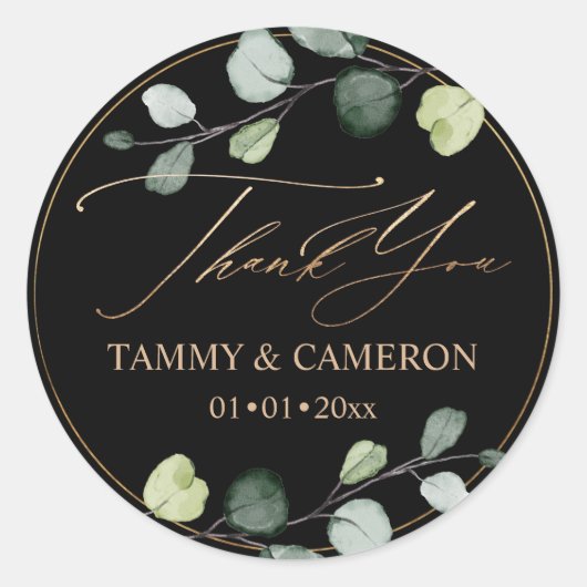 PixDezines Elegant Black Green Gold Eucalyptus Ronde Sticker (Voorkant)