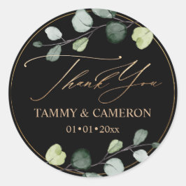 PixDezines Elegant Black Green Gold Eucalyptus Ronde Sticker