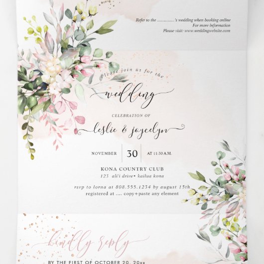 PixDezines Elegant Blush Pink Eucalyptus Drieluik Uitnodiging (Binnenkant midden)