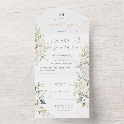 PixDezines Elegant Creamy White Roses All In One Uitnodiging (Binnen)