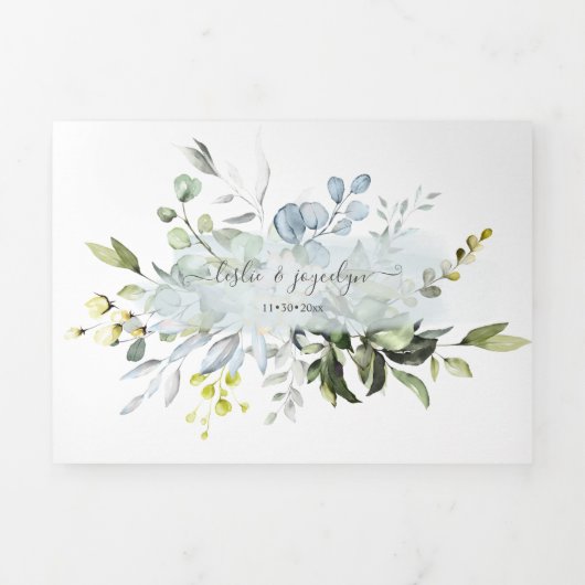 PixDezines Elegant Dusty Blue Eucalyptus Drieluik Uitnodiging (Cover)