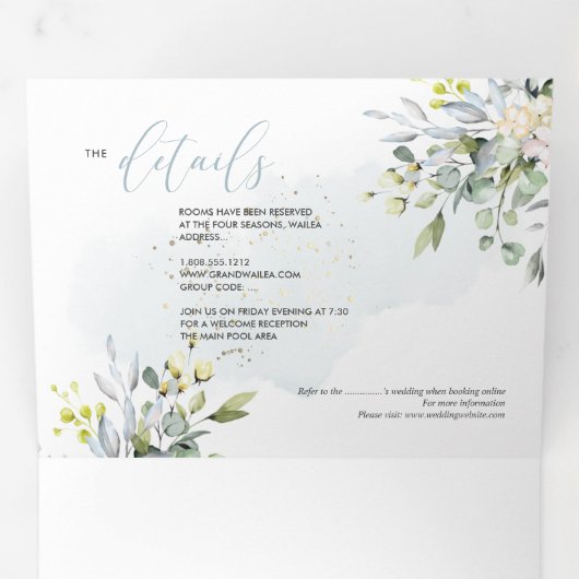 PixDezines Elegant Dusty Blue Eucalyptus Drieluik Uitnodiging (Binnenzijde eerst)