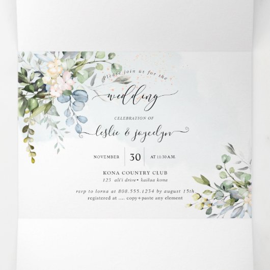 PixDezines Elegant Dusty Blue Eucalyptus Drieluik Uitnodiging (Binnenkant midden)