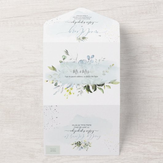 PixDezines Elegant Dusty Blue Gum Eucalyptus All In One Uitnodiging (Buitenkant)