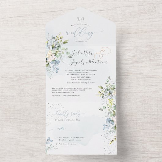 PixDezines Elegant Dusty Blue Gum Eucalyptus All In One Uitnodiging (Binnen)