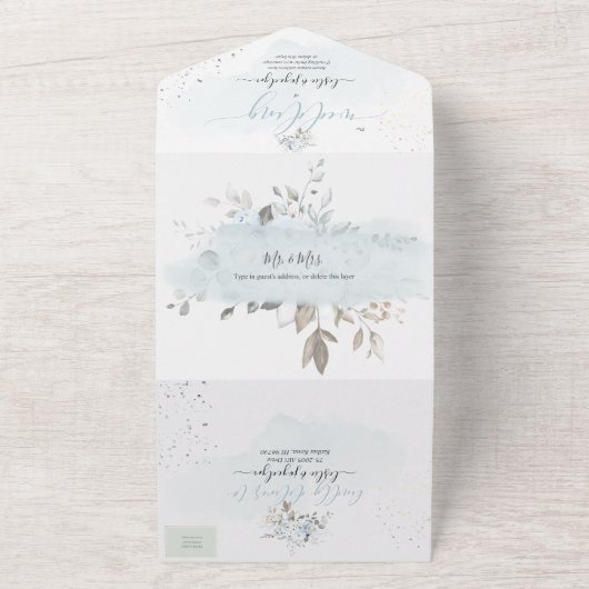 PixDezines Elegant Dusty Blue Rozen All In One Uitnodiging (Buitenkant)