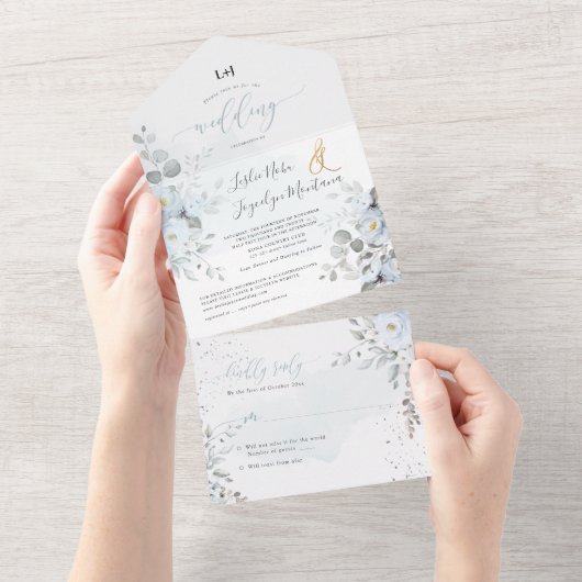 PixDezines Elegant Dusty Blue Rozen All In One Uitnodiging (Afscheurbaar)