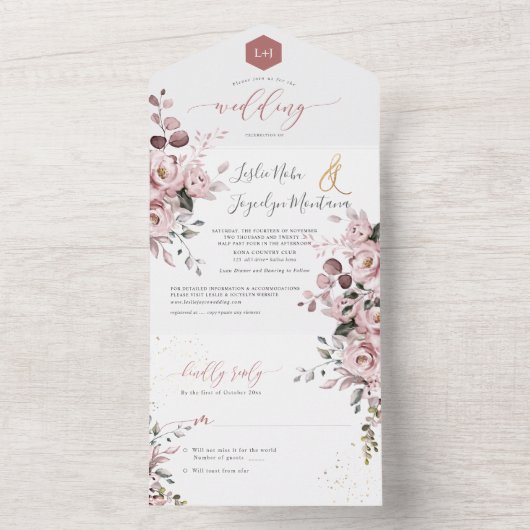 PixDezines Elegant Dusty Roos+Gum Eucalyptus All In One Uitnodiging (Binnen)