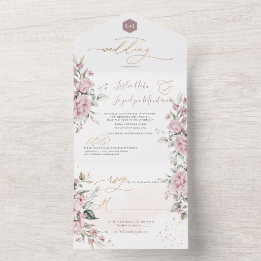 PixDezines Elegant Dusty Rozen Waterverf Flowers All In One Uitnodiging (Binnen)