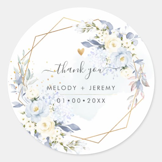 PixDezines Elegant H2 Blauw Rozen Dank u Ronde Sticker (Voorkant)