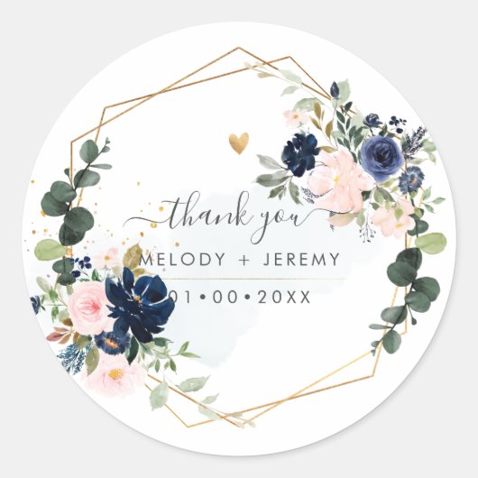 PixDezines Elegante H2 Blush Navy Bloemen Bedankt Ronde Sticker (Voorkant)