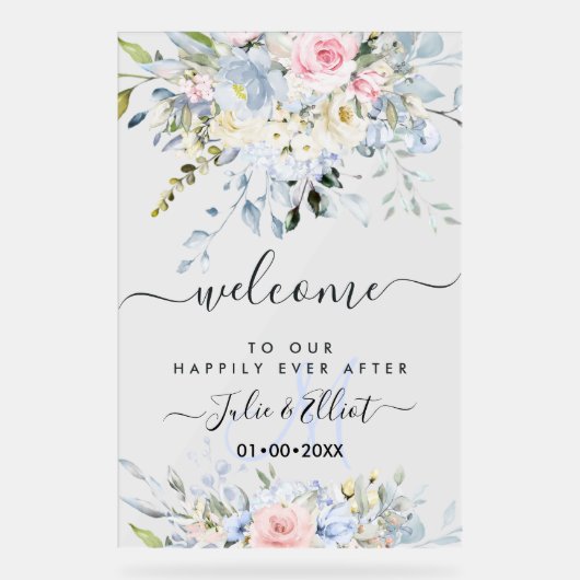 PixDezines Elegante Roze Blauwe Bloemen Acryl Bord (Voorkant)