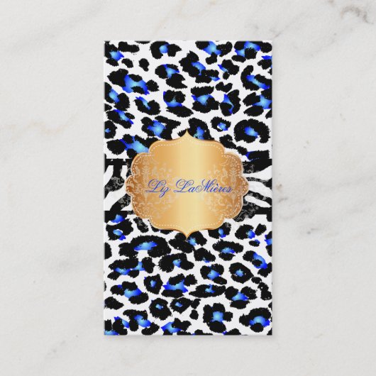 PixDezines elektrische blauwe cheetah+zebra Visitekaartje (Voorkant)