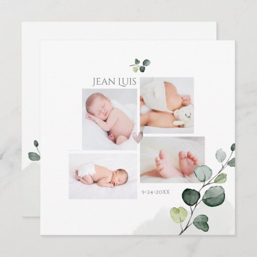 PixDezines Eucalyptus Simple Birth Notice Kaart (Voorkant / Achterkant)