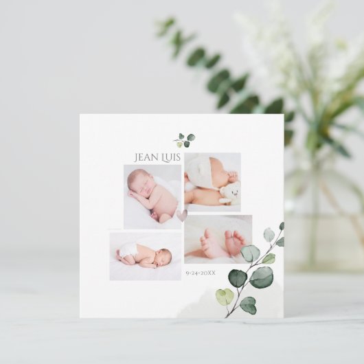 PixDezines Eucalyptus Simple Birth Notice Kaart (Staand voorkant)