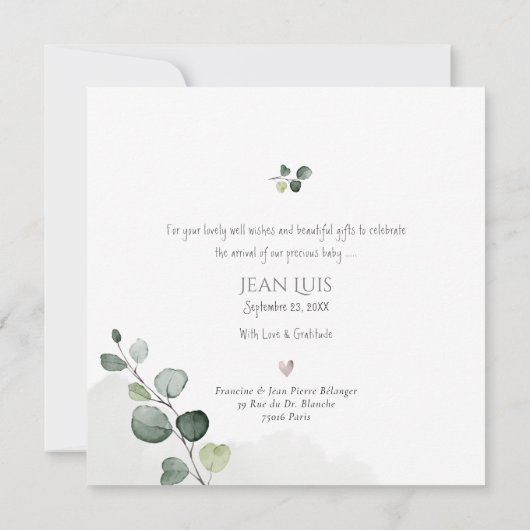 PixDezines Eucalyptus Simple Birth Notice Kaart (Achterkant)