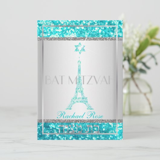 PixDezines faux glitter eifflel/Bat Mitzvah Kaart (Staand voorkant)