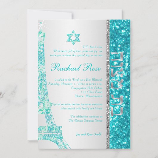PixDezines faux glitter eifflel/Bat Mitzvah Kaart (Achterkant)