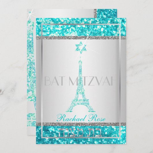PixDezines faux glitter eifflel/Bat Mitzvah Kaart (Voorkant / Achterkant)