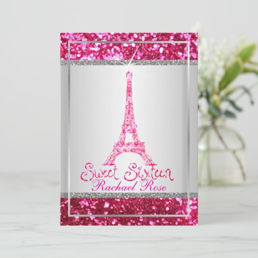 PixDezines faux glitter eifflel/roze ruby/zoet 16 Kaart (Staand voorkant)