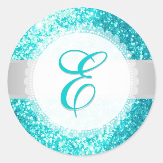 PixDezines FAUX GLITTER MONOGRAM | AQUA BLUE Ronde Sticker (Voorkant)