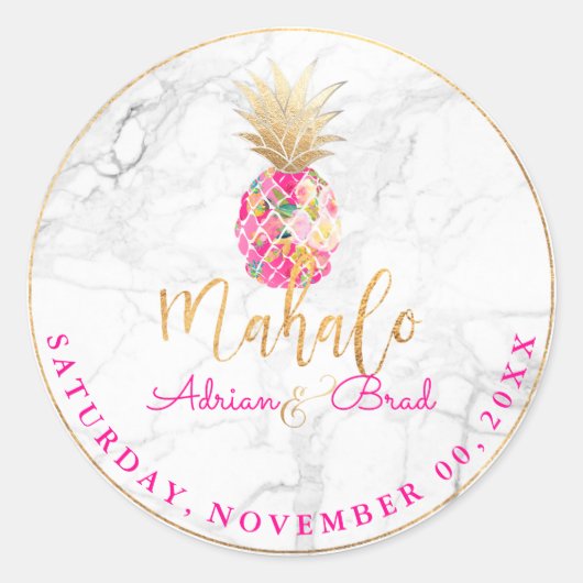 PixDezines Faux Gold Ananas/Hot Pink/Marble Ronde Sticker (Voorkant)