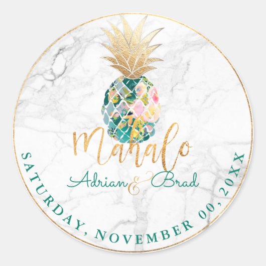 PixDezines Faux Gold Ananas/Marmer/Blauwgroen Ronde Sticker (Voorkant)