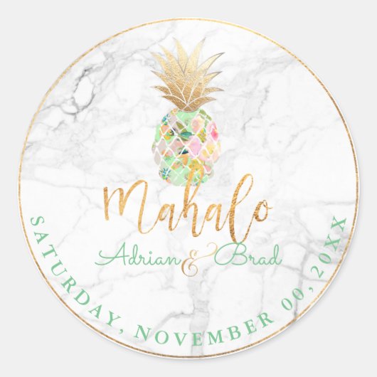 PixDezines Faux Gold Ananas/Mint/Marmer Ronde Sticker (Voorkant)
