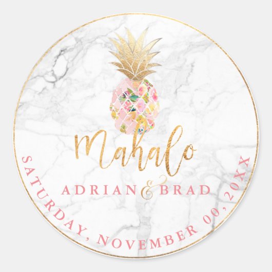 PixDezines Faux Gold Ananas/Roze/Marmer Ronde Sticker (Voorkant)